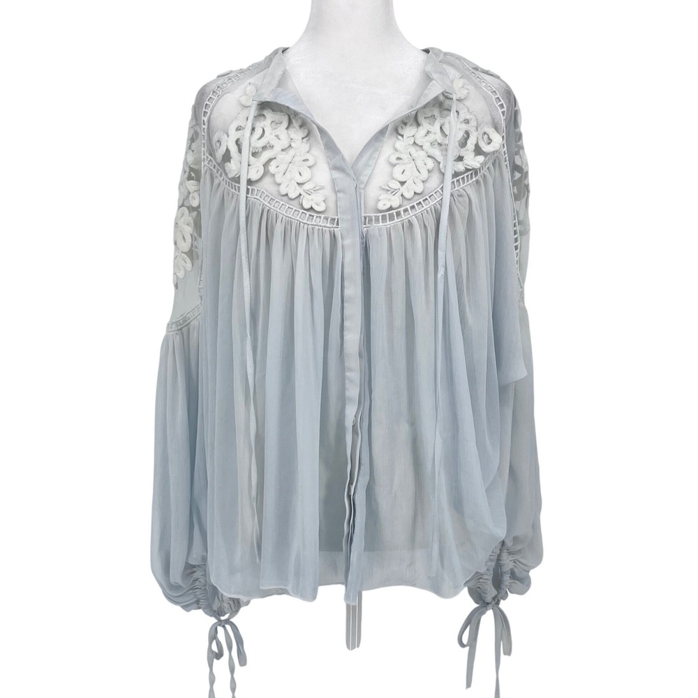 Cottagecore Soft Girl Light Blue Sheer Applique Boho Tie Neck Blouse Top Small
